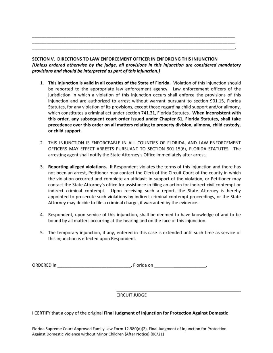 Form 12.980(D)(2) Final Judgment of Injunction for Protection Against Domestic Violence Without Minor Children (After Notice) - Florida, Page 7