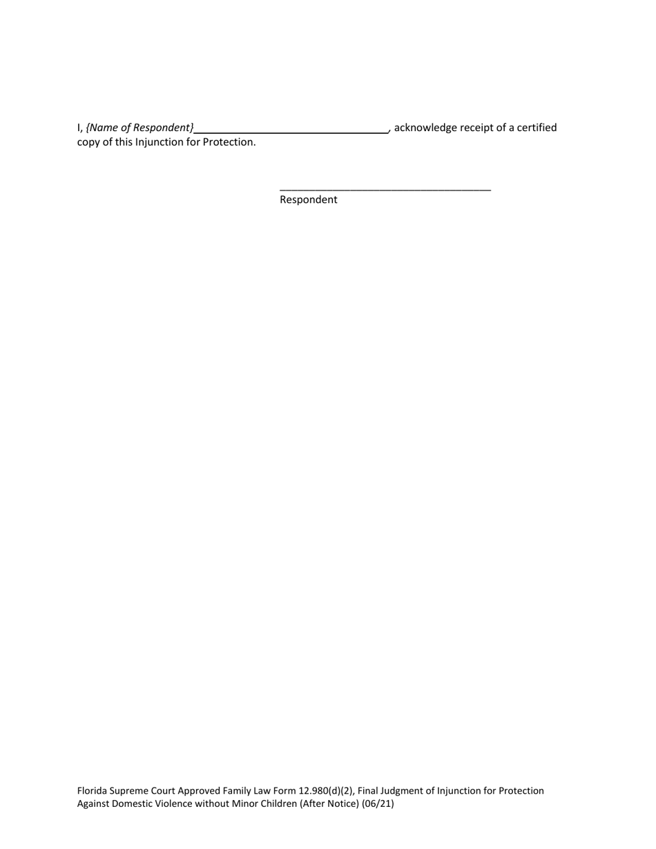Form 12.980(D)(2) Final Judgment of Injunction for Protection Against Domestic Violence Without Minor Children (After Notice) - Florida, Page 9