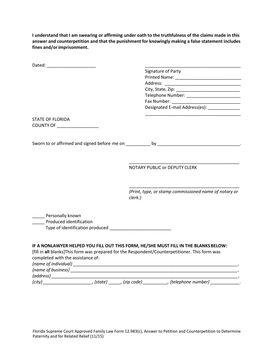 Form 12.983(C) Answer to Petition and Counterpetition to Determine Paternity and for Related Relief - Florida, Page 10