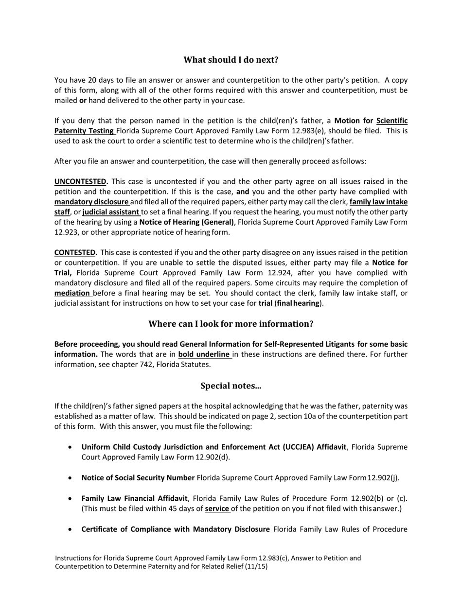 Form 12.983(C) Answer to Petition and Counterpetition to Determine Paternity and for Related Relief - Florida, Page 2