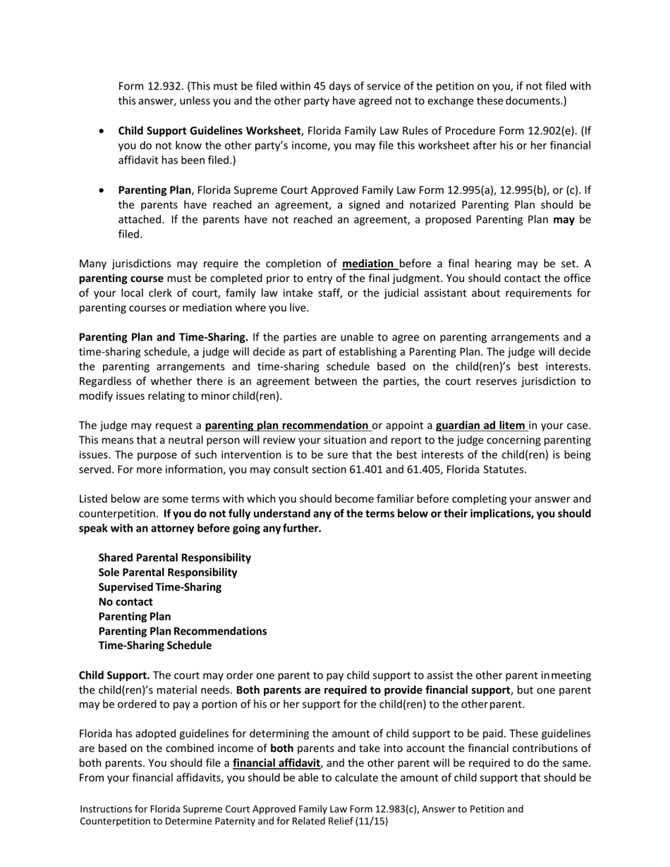 Form 12.983(C) Answer to Petition and Counterpetition to Determine Paternity and for Related Relief - Florida, Page 3