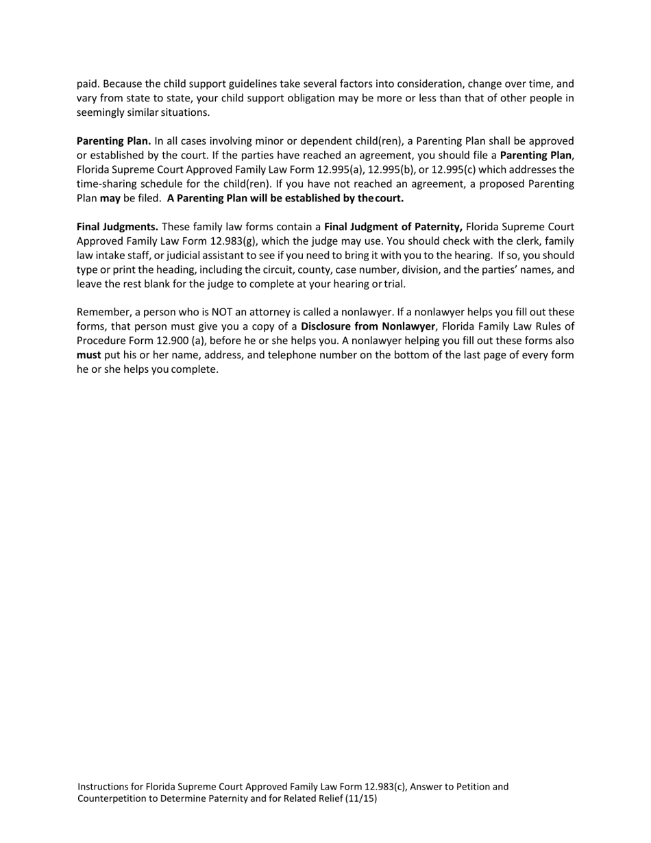 Form 12.983(C) Answer to Petition and Counterpetition to Determine Paternity and for Related Relief - Florida, Page 4