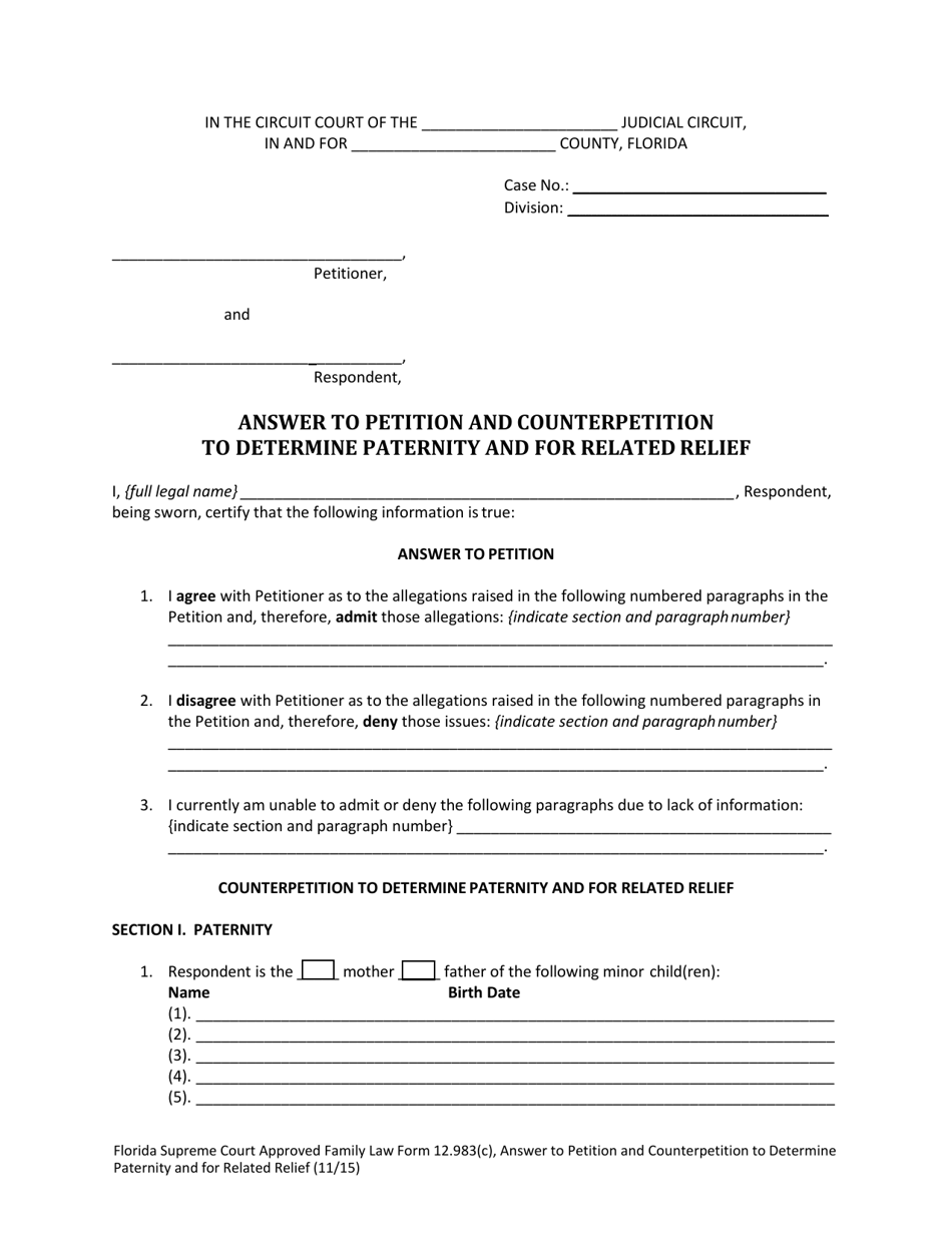 Form 12.983(C) Answer to Petition and Counterpetition to Determine Paternity and for Related Relief - Florida, Page 5