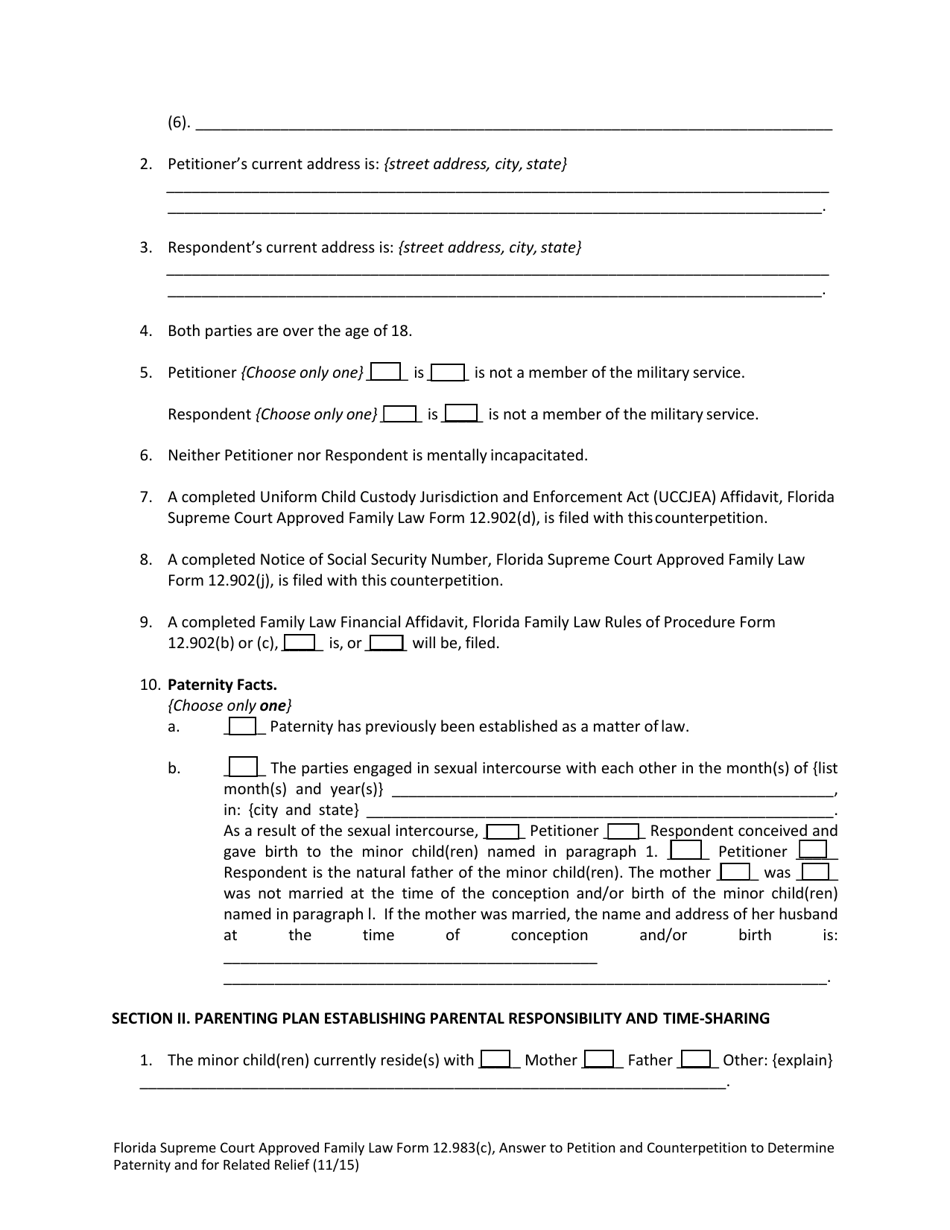 Form 12.983(C) Answer to Petition and Counterpetition to Determine Paternity and for Related Relief - Florida, Page 6