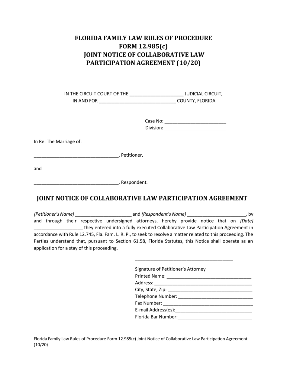 Form 12.985(C) Joint Notice of Collaborative Law Participation Agreement - Florida, Page 1