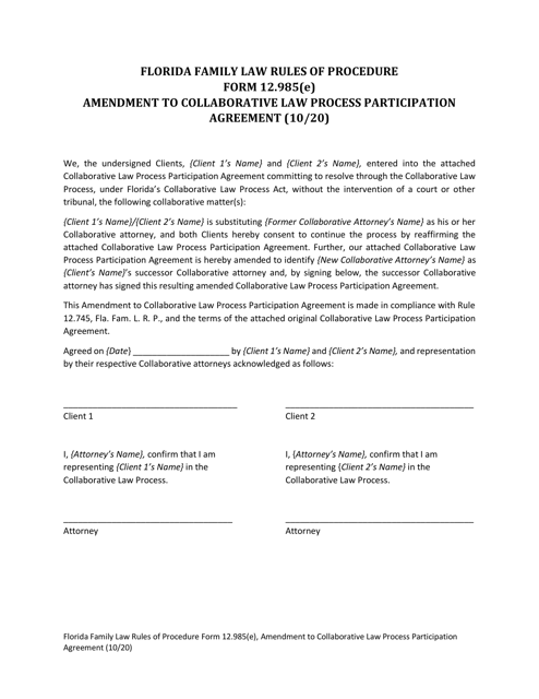 Form 12.985(E) Amendment to Collaborative Law Process Participation Agreement - Florida