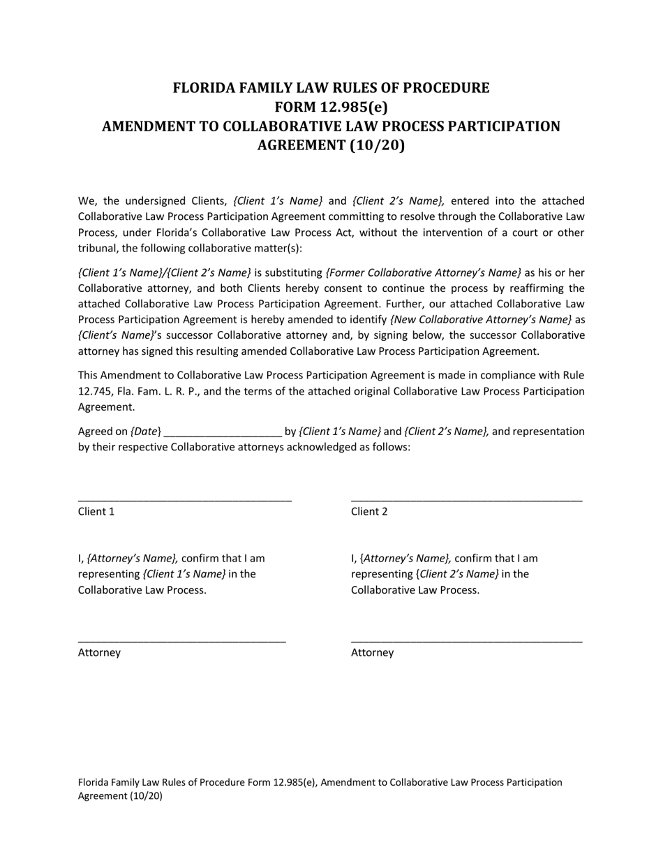 Form 12.985(E) Amendment to Collaborative Law Process Participation Agreement - Florida, Page 1