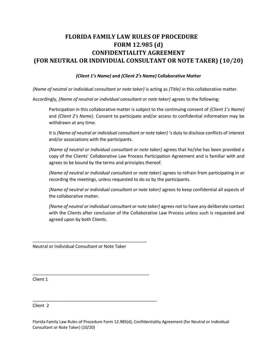 Form 12.985(D) Confidentiality Agreement (For Neutral or Individual Consultation or Note Taker) - Florida, Page 1