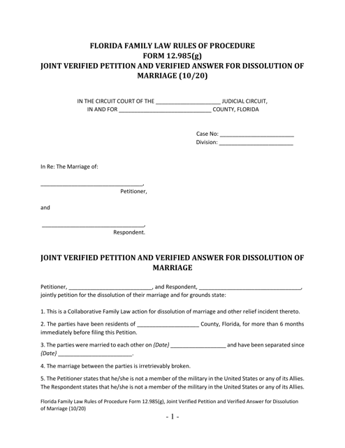 Form 12.985(G) Joint Verified Petition and Verified Answer for Dissolution of Marriage - Florida