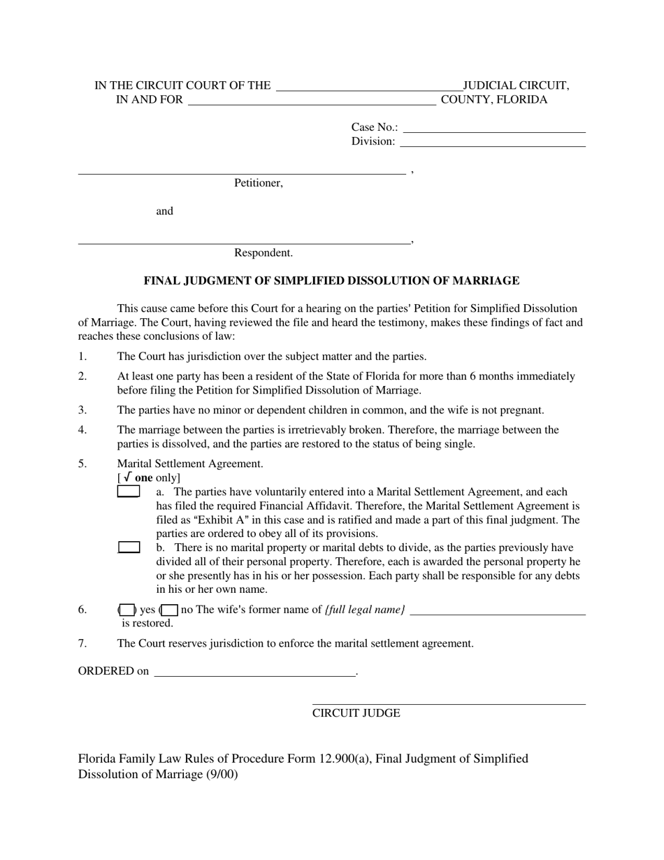 Form 12.990(A) Final Judgment of Simplified Dissolution of Marriage - Florida, Page 1