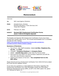 Document preview: Employment Verification Form - Special Supplemental Nutrition Program for Women, Infants, and Children (Wic) - Texas (English/Spanish)
