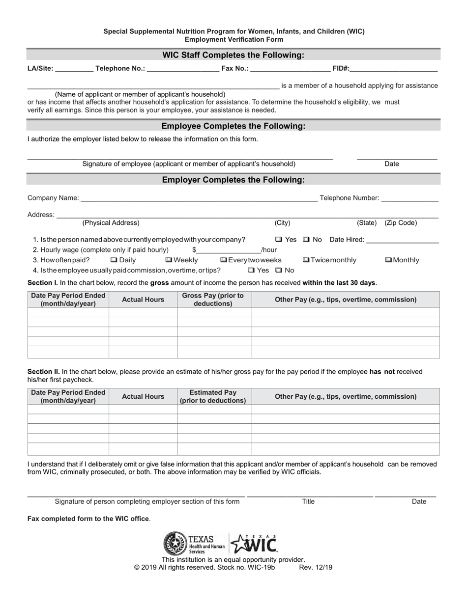 Texas Employment Verification Form - Special Supplemental Nutrition ...