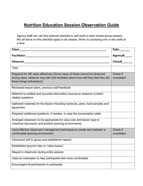 Nutrition Education Session Observation Guide - Texas Download Pdf