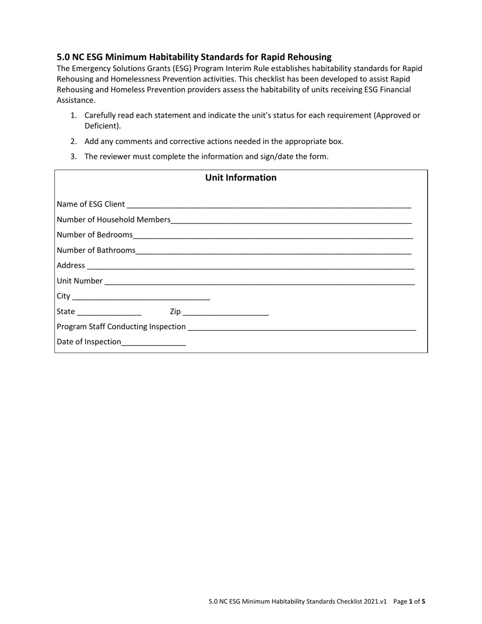 5.0 Nc Esg Minimum Habitability Standards for Rapid Rehousing Checklist - North Carolina, Page 1