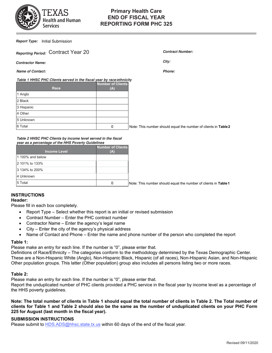 Form PHC325 Primary Health Care End of Fiscal Year Reporting Form - Texas, Page 1