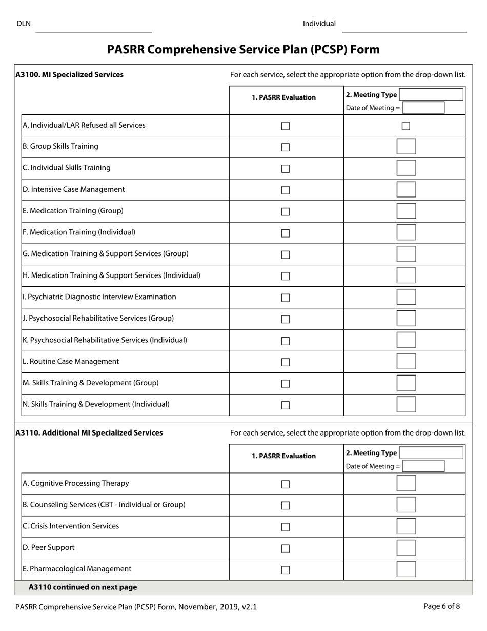 Pasrr Comprehensive Service Plan (Pcsp) Form - Texas, Page 6