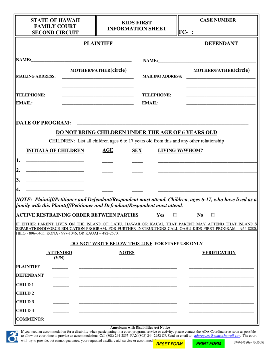 Form 2F-P-345 Kids First Information Sheet - Hawaii, Page 1