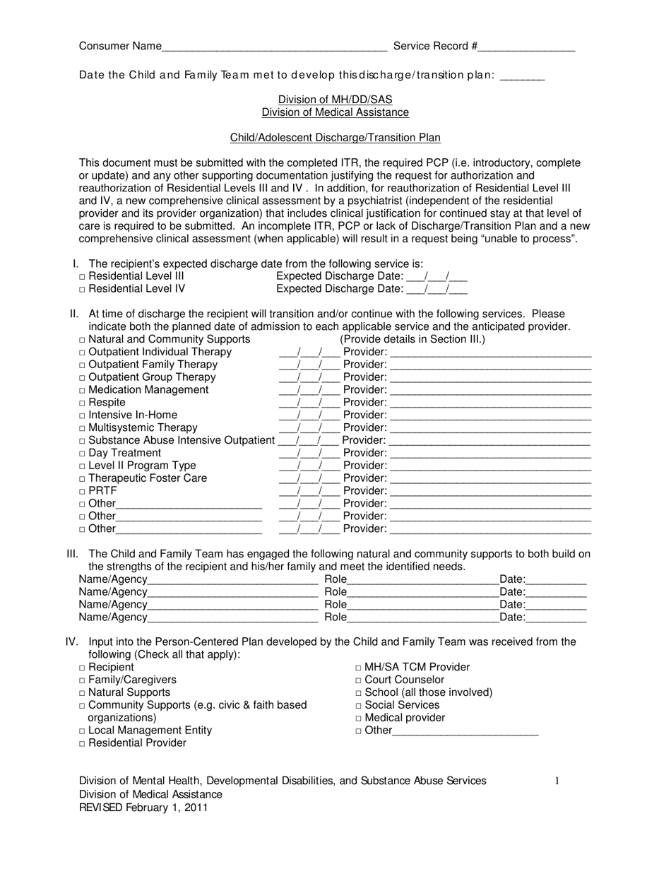 Child / Adolescent Discharge / Transition Plan - North Carolina, Page 1