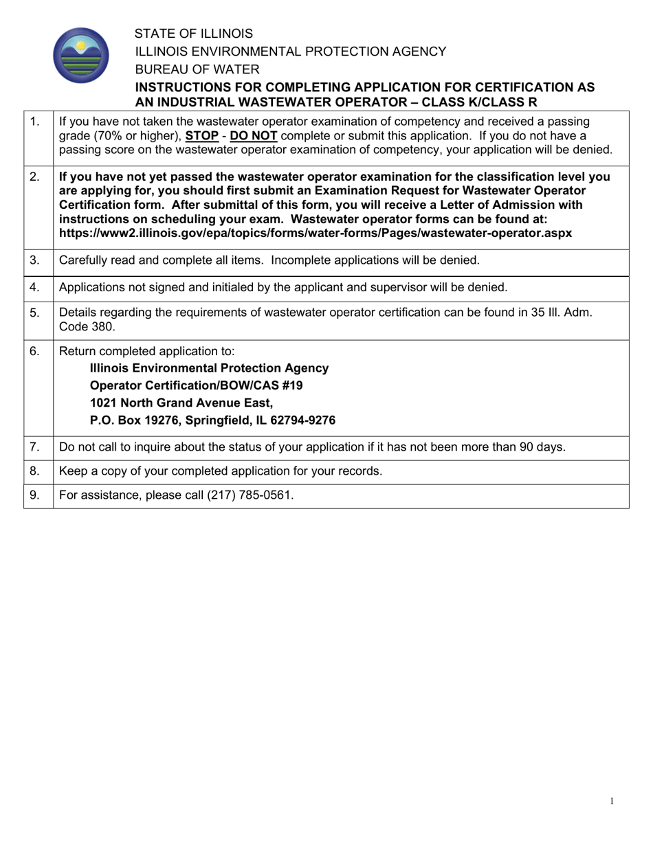 Form IL532-2098 (WPC618) Application for Certification as a Class K or R Wastewater Operator - Illinois, Page 1