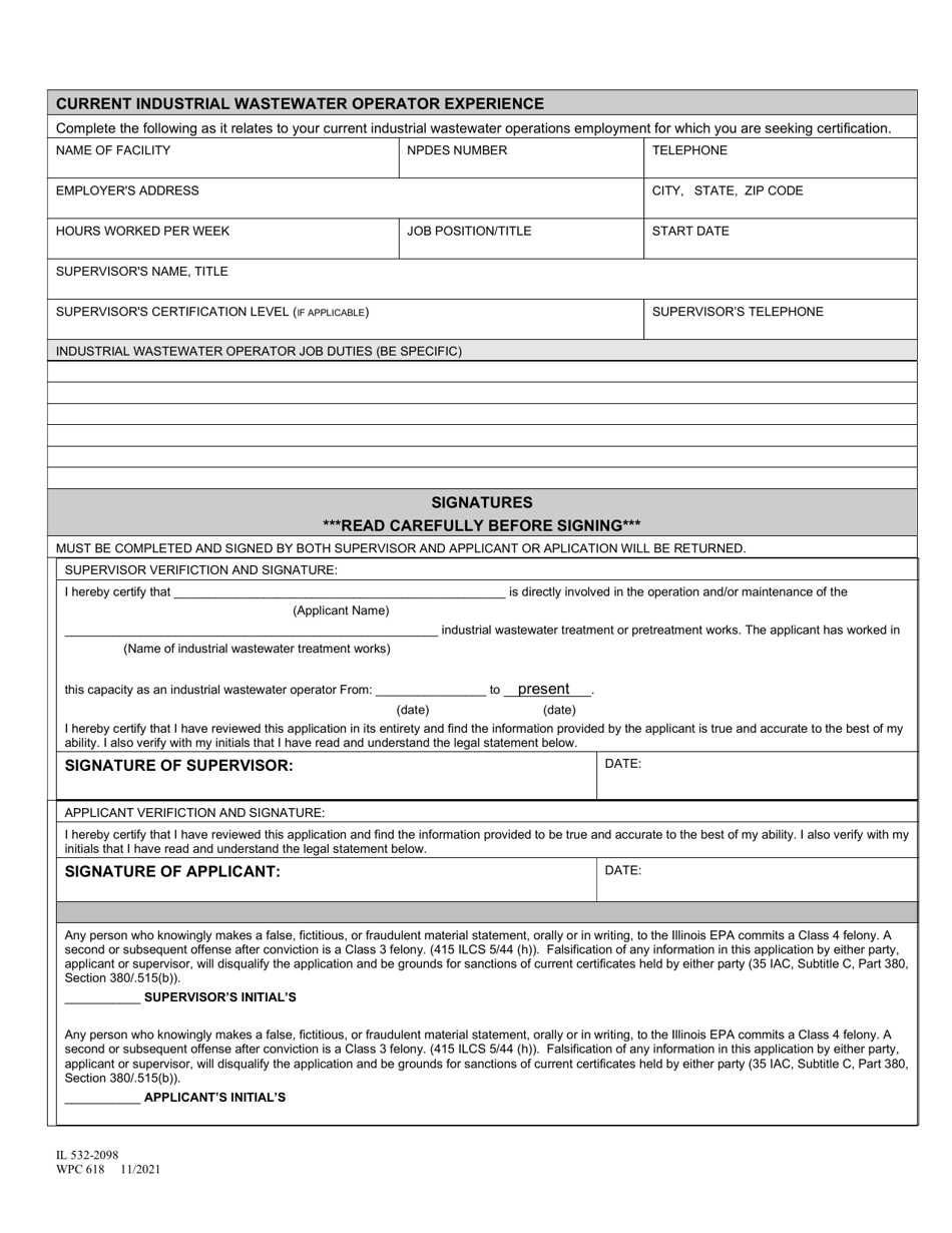 Form IL5322098 (WPC618) Download Printable PDF or Fill Online Application for Certification as