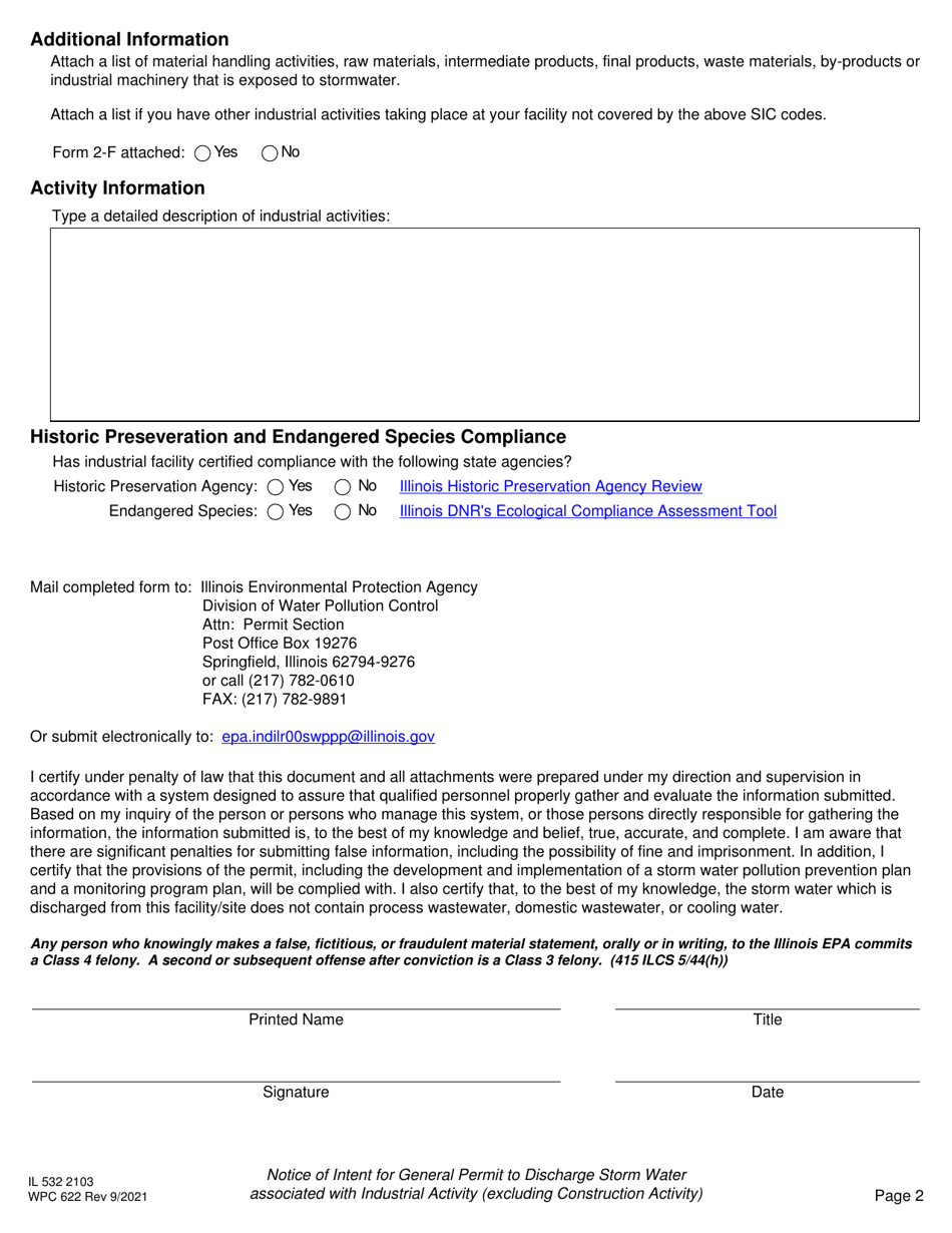 Form IL532 2103 (WPC622) Notice of Intent (Noi) for General Permit to Discharge Storm Water Associated With Industrial Activity (Excluding Construction Activity) - Illinois, Page 2