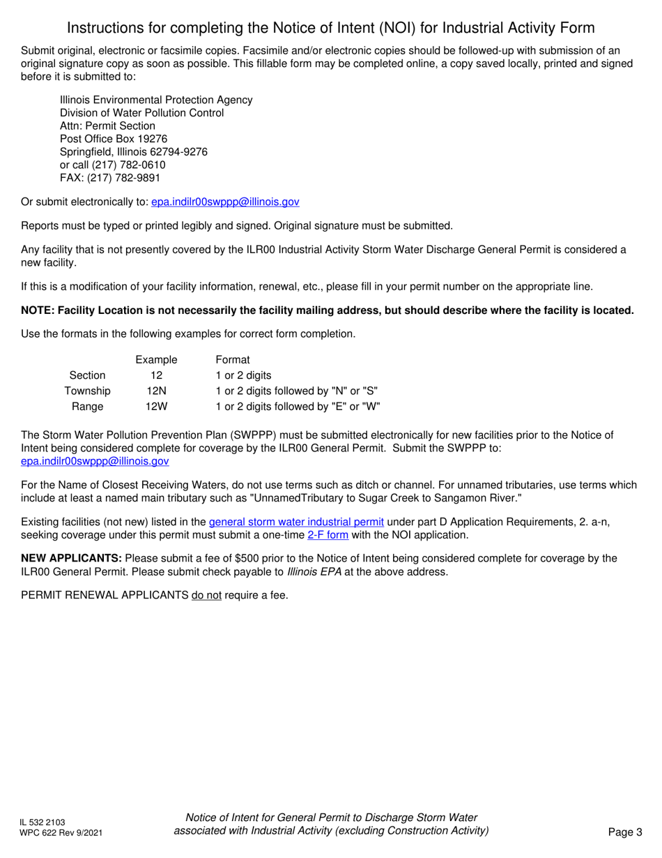 Form IL532 2103 (WPC622) Notice of Intent (Noi) for General Permit to Discharge Storm Water Associated With Industrial Activity (Excluding Construction Activity) - Illinois, Page 3