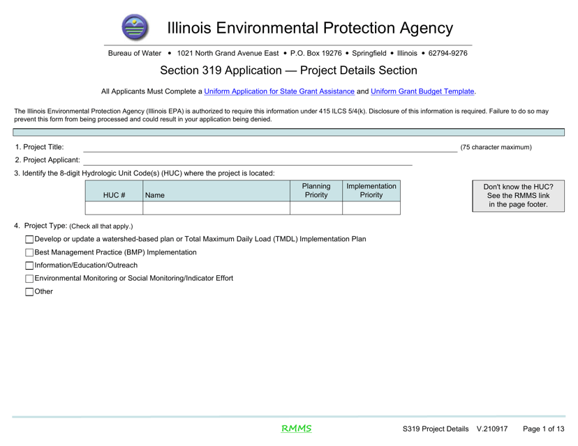 Section 319 Application - Project Details Section - Illinois