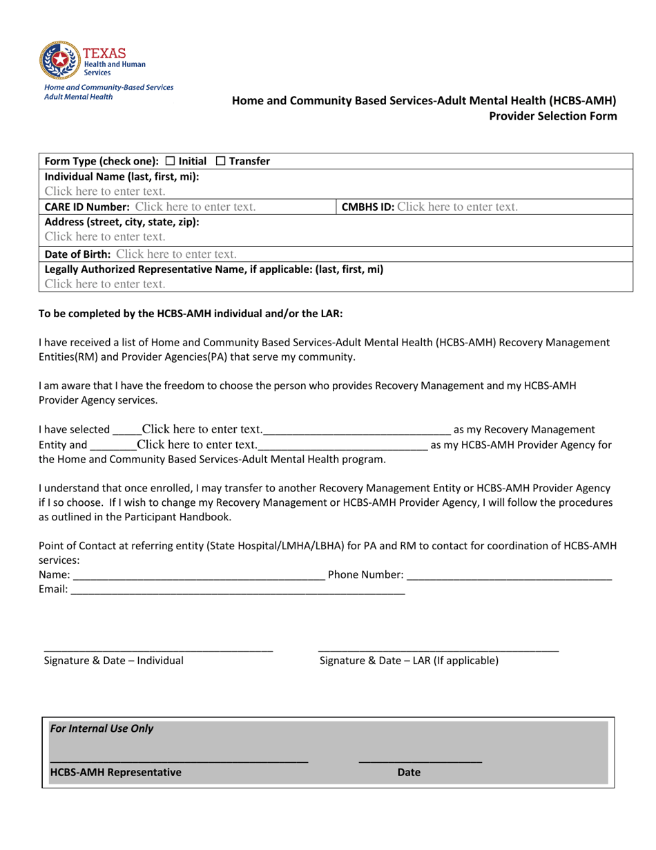 Home and Community Based Services-Adult Mental Health (Hcbs-Amh) Provider Selection Form - Texas, Page 1