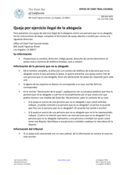 Formulario De Queja Por Ejercicio Ilegal De La Abogacia - California (Spanish)