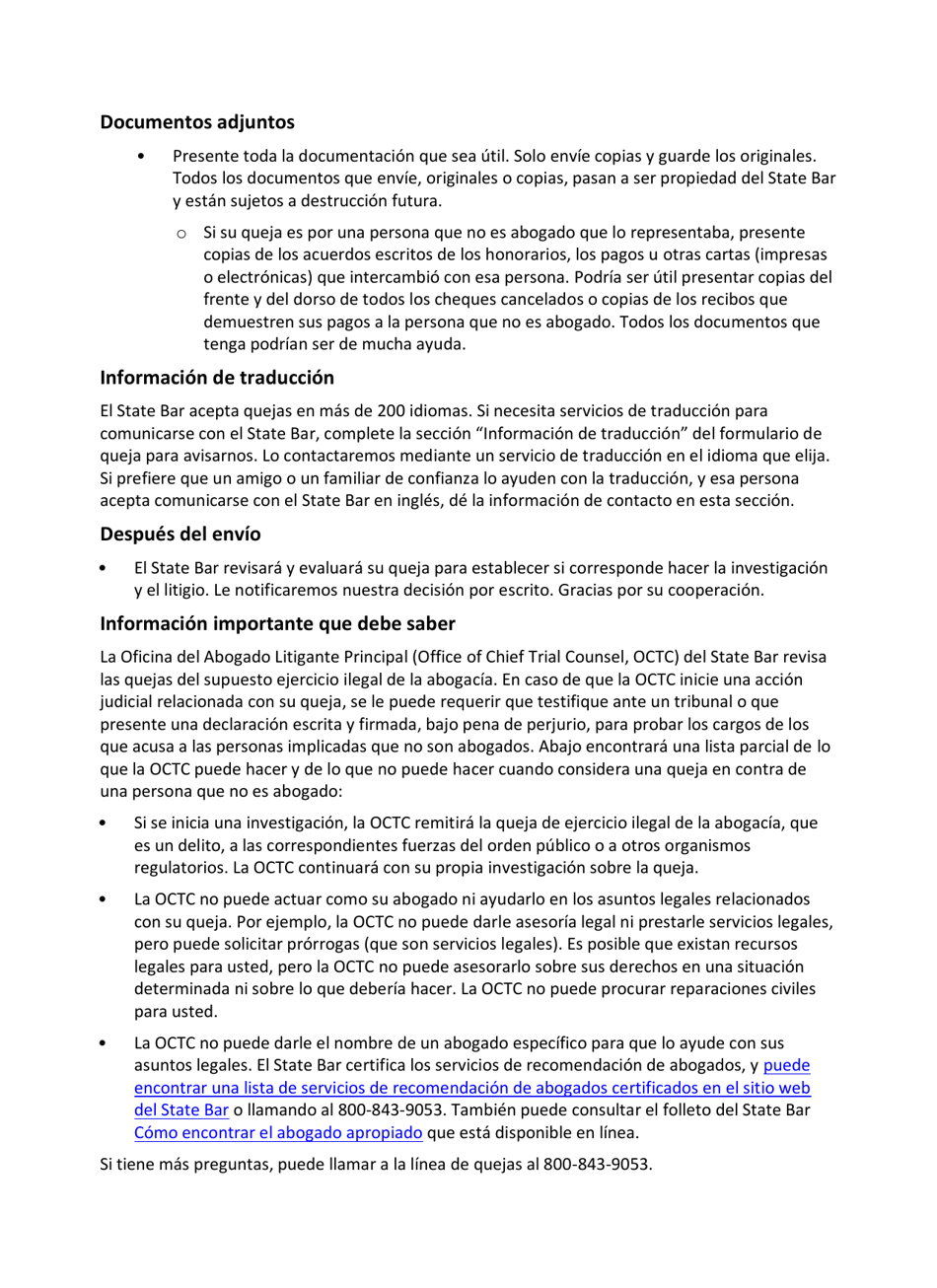 Formulario De Queja Por Ejercicio Ilegal De La Abogacia - California (Spanish), Page 2
