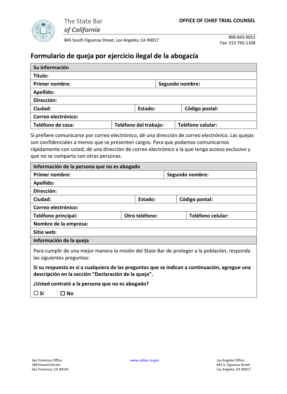Formulario De Queja Por Ejercicio Ilegal De La Abogacia - California (Spanish), Page 3