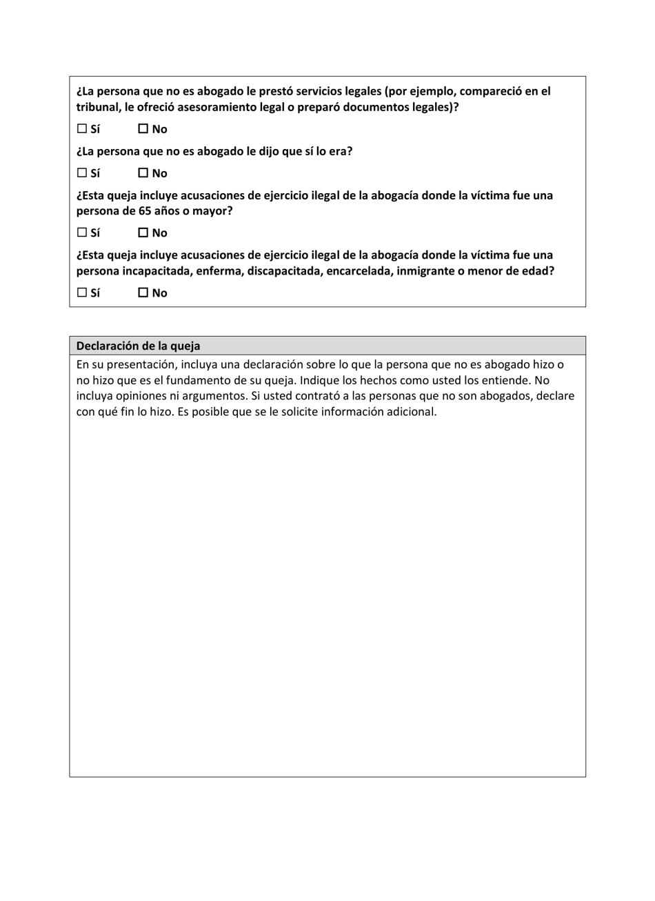 Formulario De Queja Por Ejercicio Ilegal De La Abogacia - California (Spanish), Page 4
