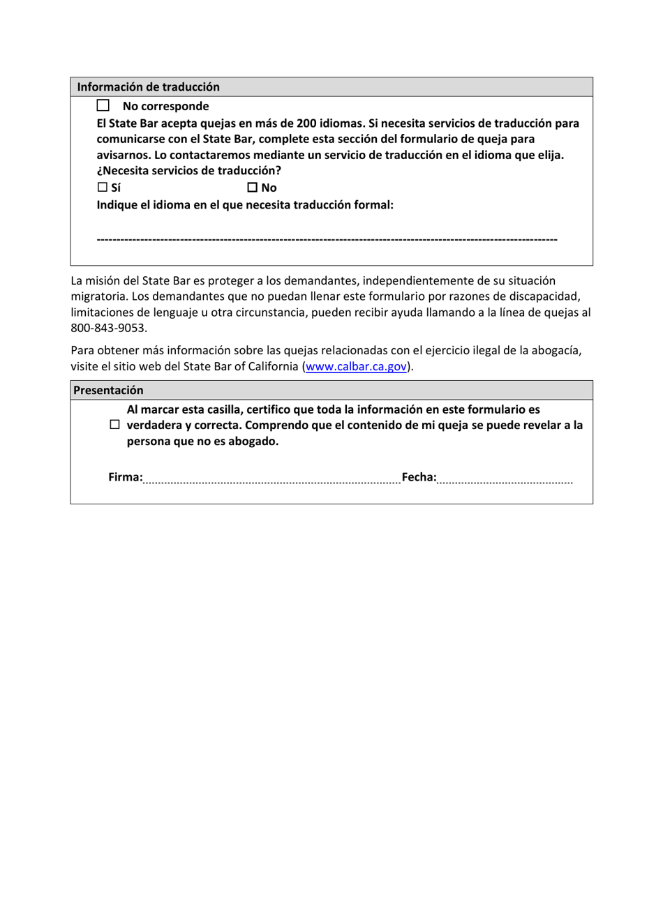 Formulario De Queja Por Ejercicio Ilegal De La Abogacia - California (Spanish), Page 6