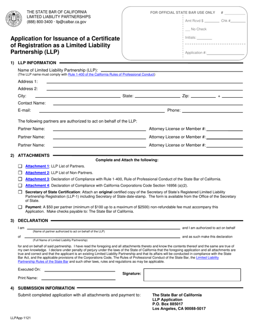 Application for Issuance of a Certificate of Registration as a Limited Liability Partnership (LLP ) - California