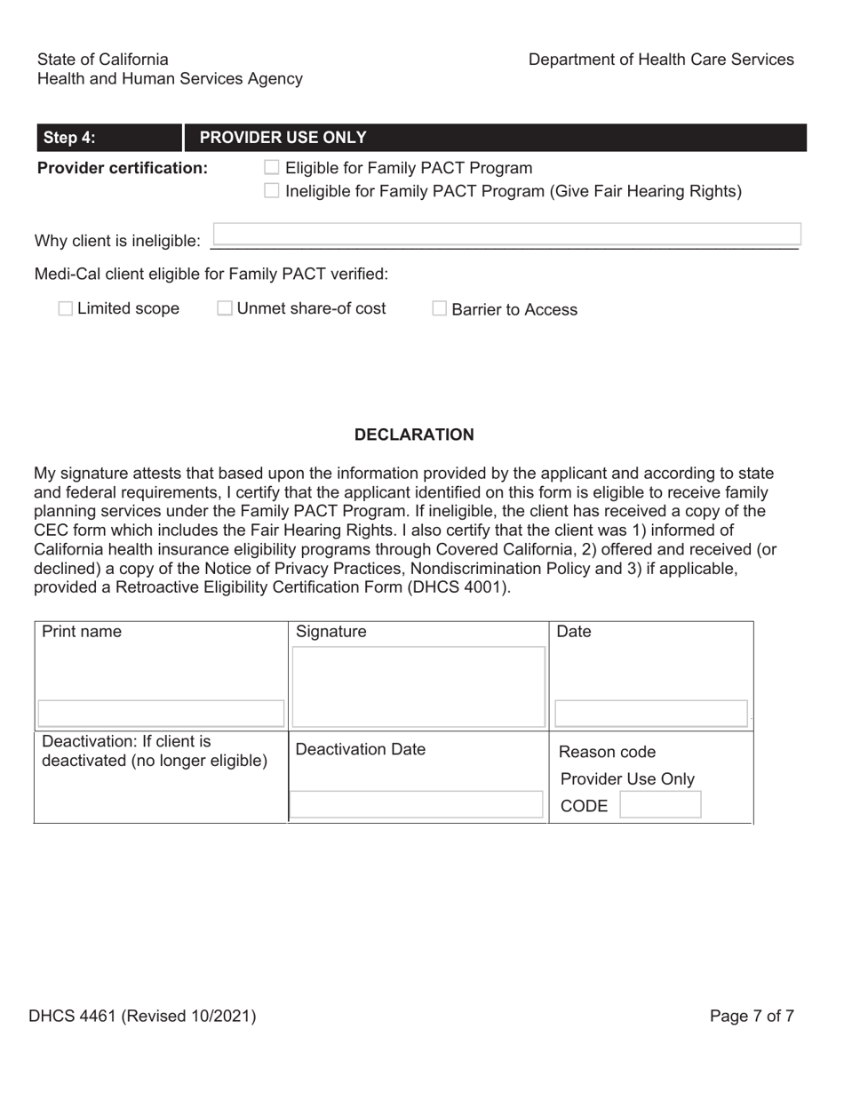 Form DHCS4461 Health Access Program Family Pact Program Client Eligibility Certification - California, Page 7