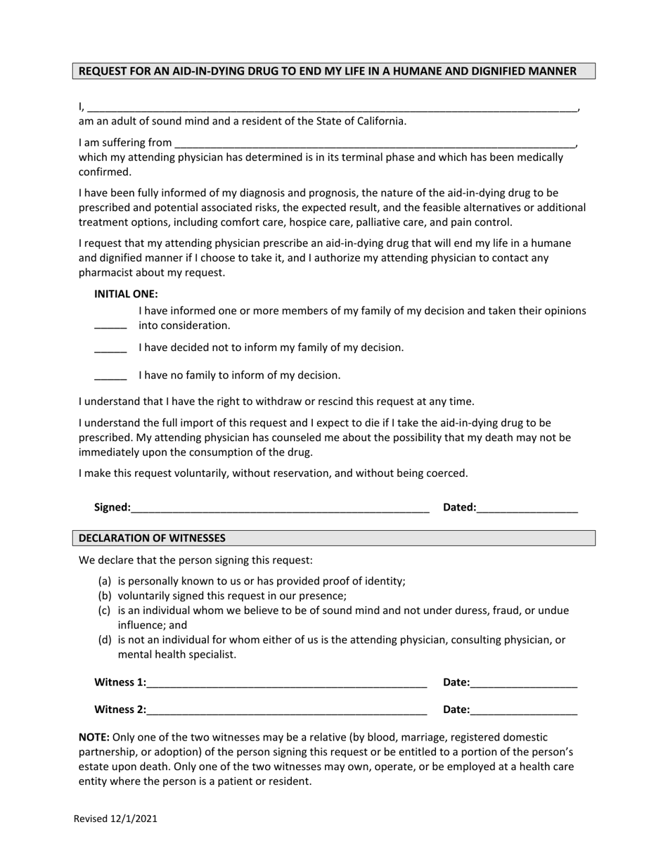 Request for an Aid-In-dying Drug to End My Life in a Humane and Dignified Manner - California, Page 1