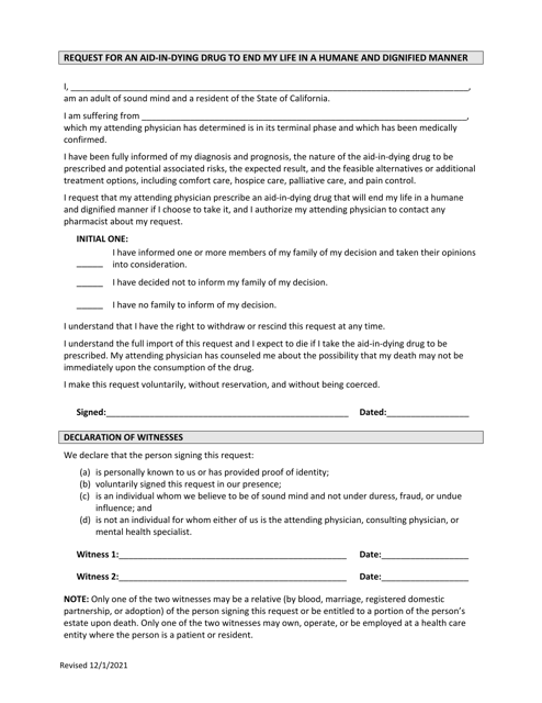 Document preview: Request for an Aid-In-dying Drug to End My Life in a Humane and Dignified Manner - California