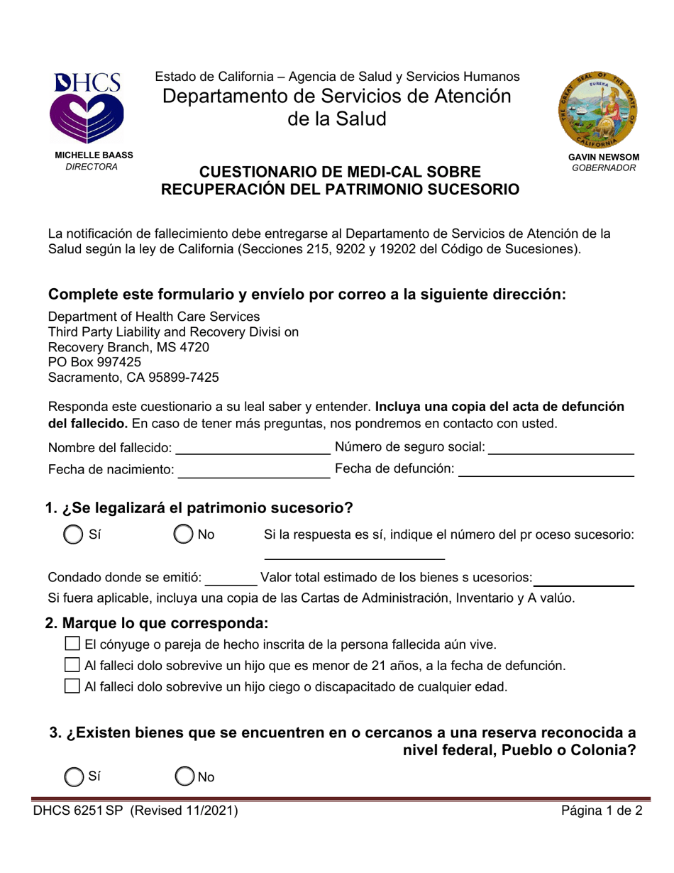 Formulario DHCS6251 SP Cuestionario De Medi-Cal Sobre Recuperacion Del Patrimonio Sucesorio - California (Spanish), Page 1