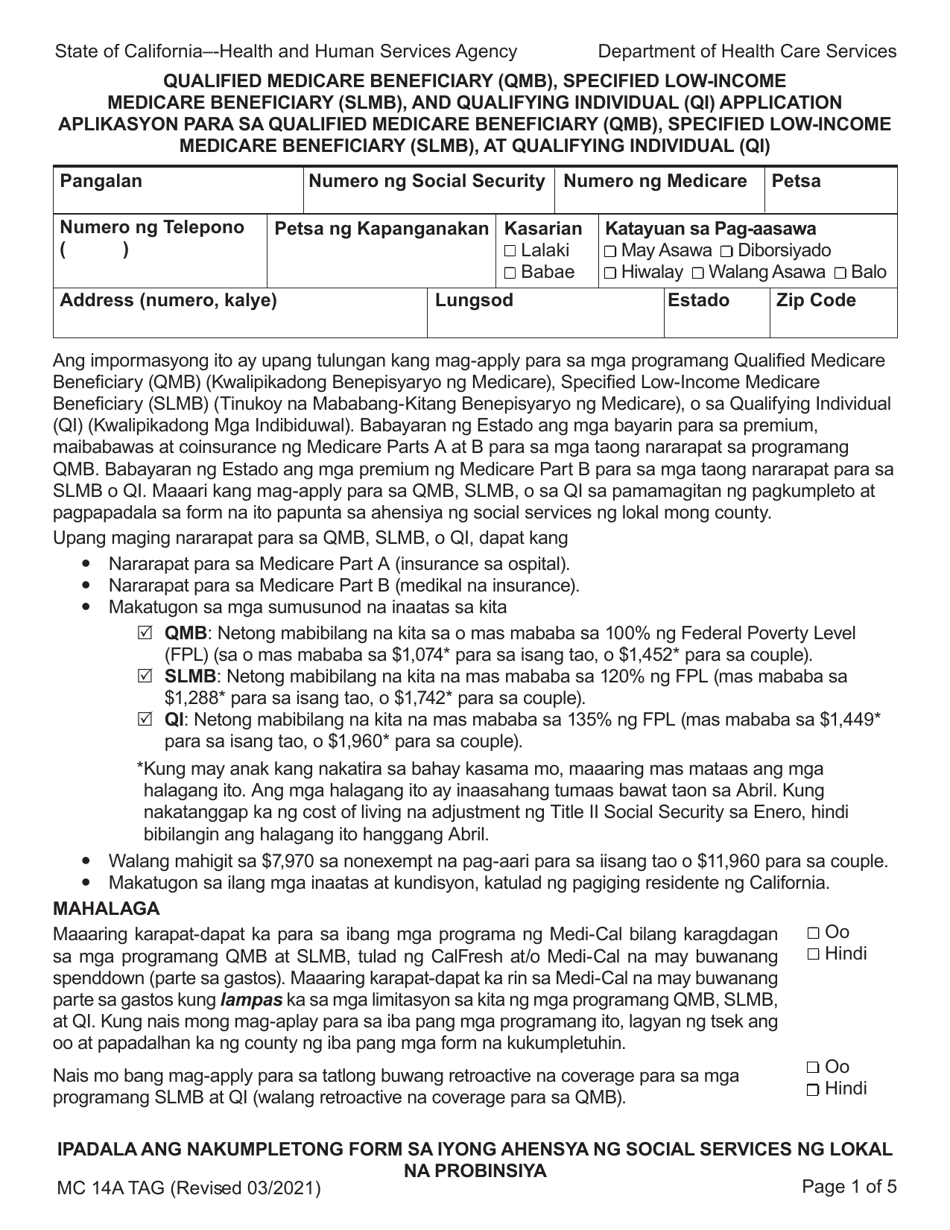 Form MC14 A Qualified Low-Income Medicare Beneficiary (Qmb), Specified Low-Income Medicare Beneficiary (Slmb), and Qualifying Individuals(Qi) Application - California (Tagalog), Page 1