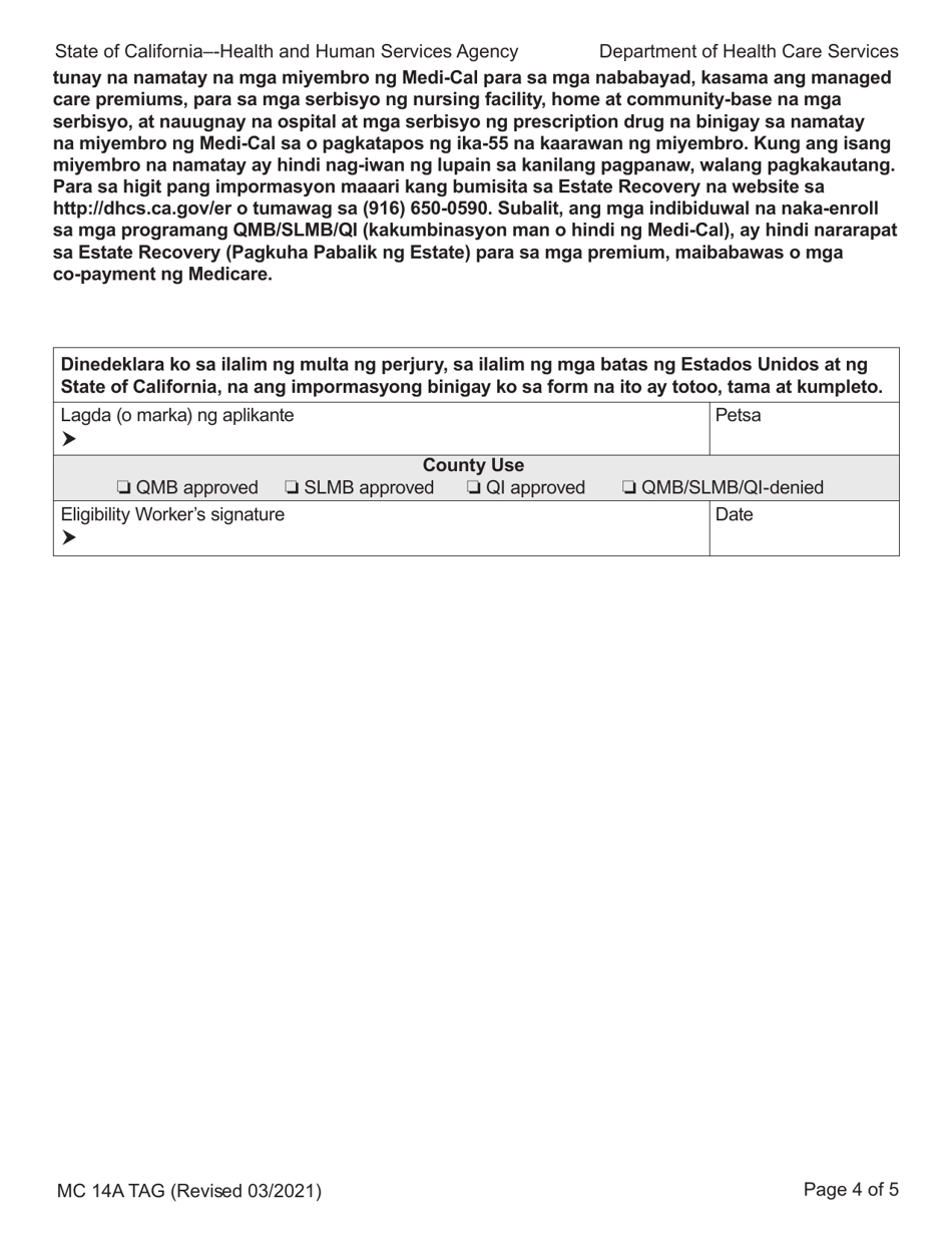 Form MC14 A Qualified Low-Income Medicare Beneficiary (Qmb), Specified Low-Income Medicare Beneficiary (Slmb), and Qualifying Individuals(Qi) Application - California (Tagalog), Page 4