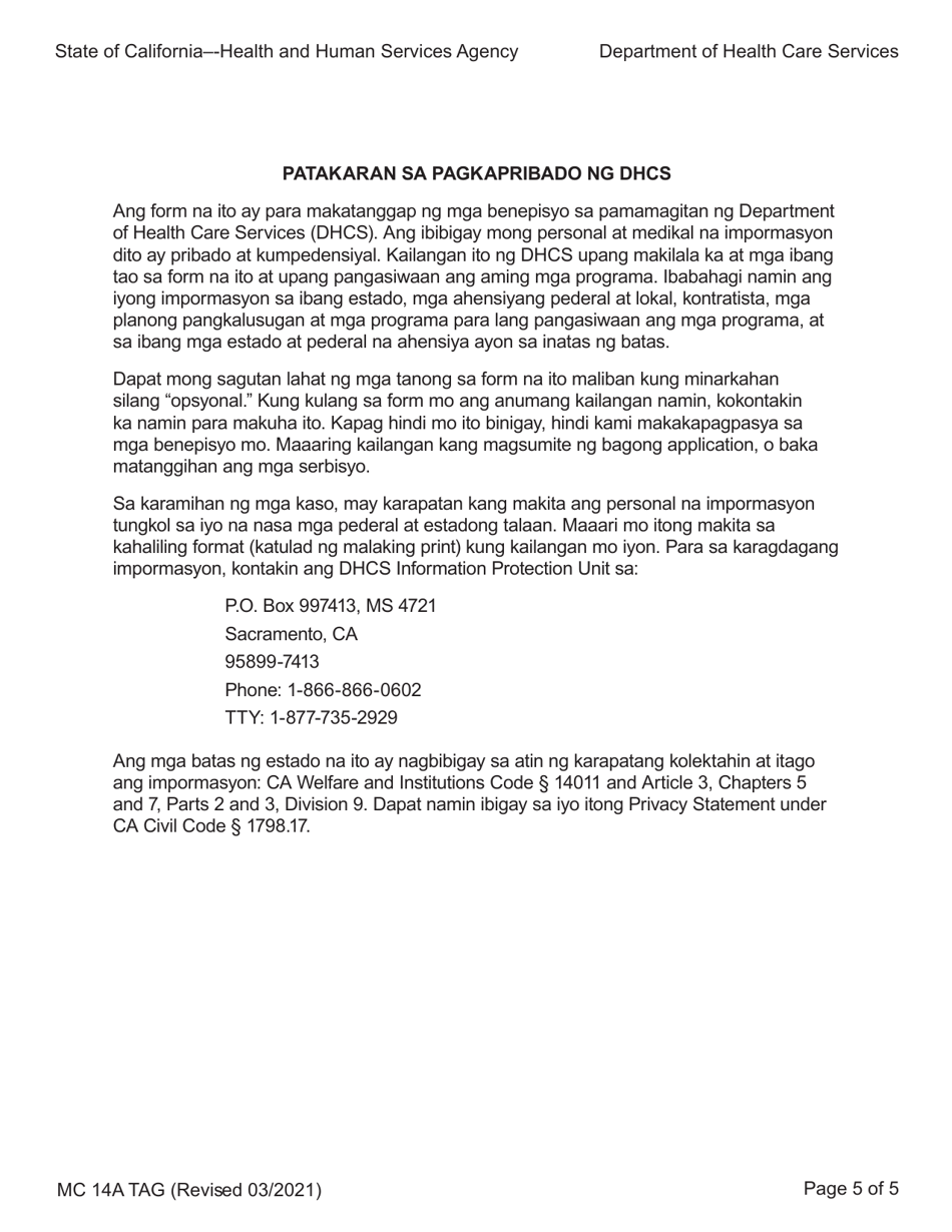 Form MC14 A Qualified Low-Income Medicare Beneficiary (Qmb), Specified Low-Income Medicare Beneficiary (Slmb), and Qualifying Individuals(Qi) Application - California (Tagalog), Page 5
