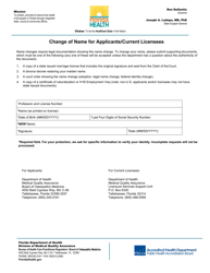 Document preview: Change of Name for Applicants/Current Licensees - Florida