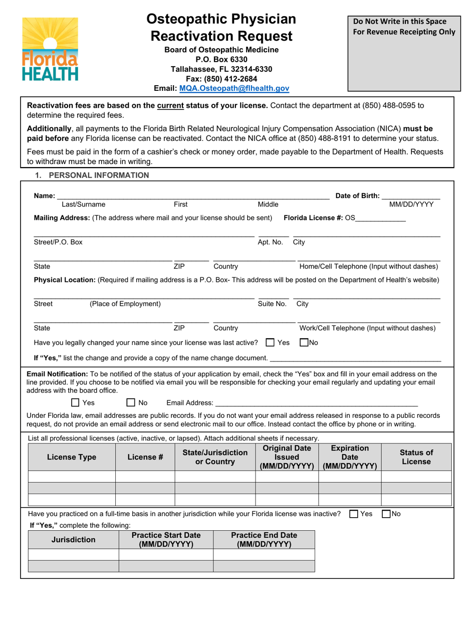 Osteopathic Physician Reactivation Request - Florida, Page 1