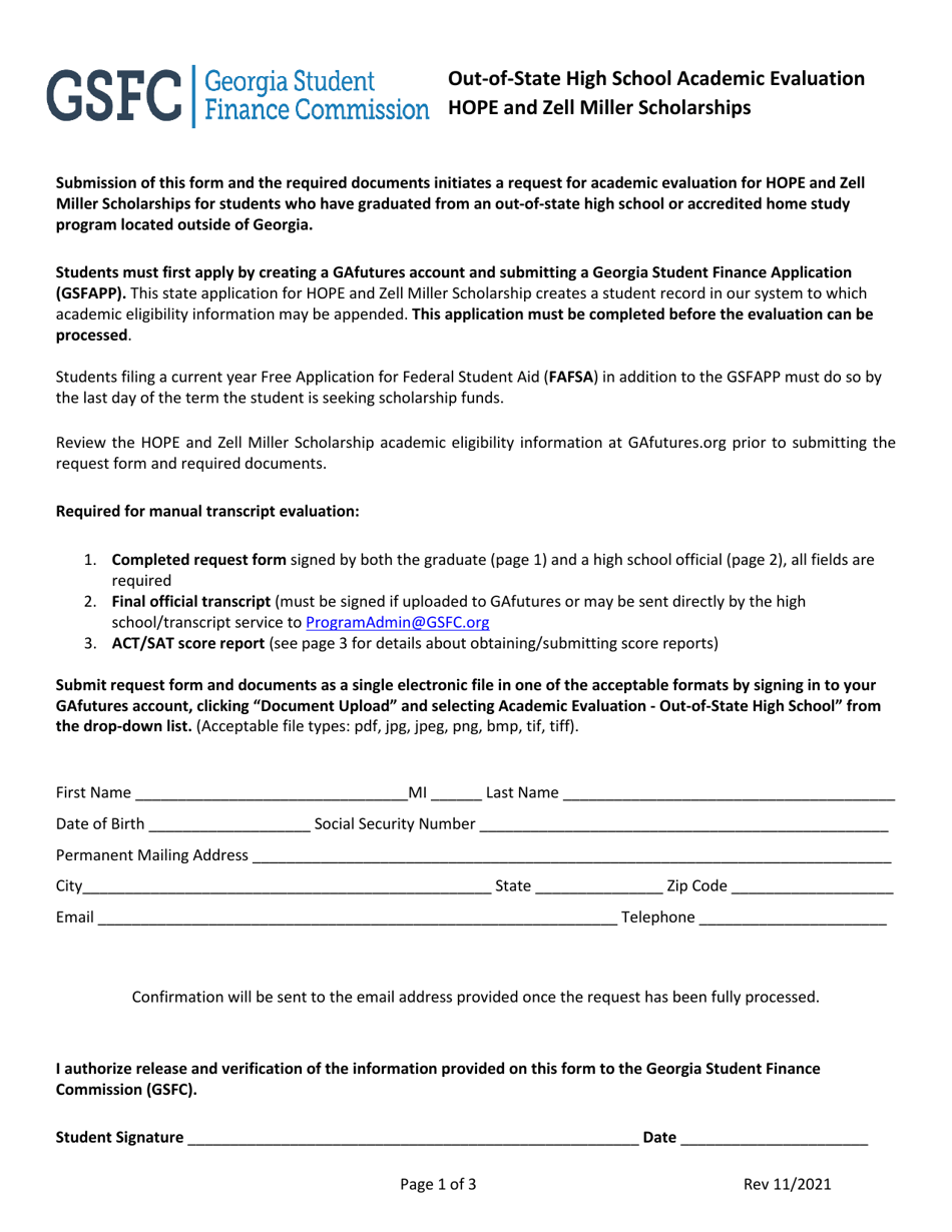 Out-of-State High School Academic Evaluation Hope and Zell Miller Scholarships - Georgia (United States), Page 1