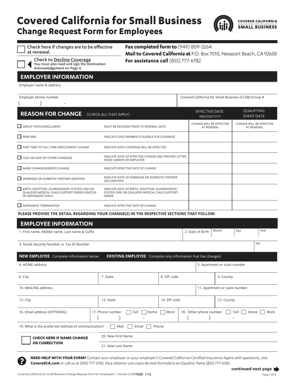 Change Request Form for Employees - California, Page 1
