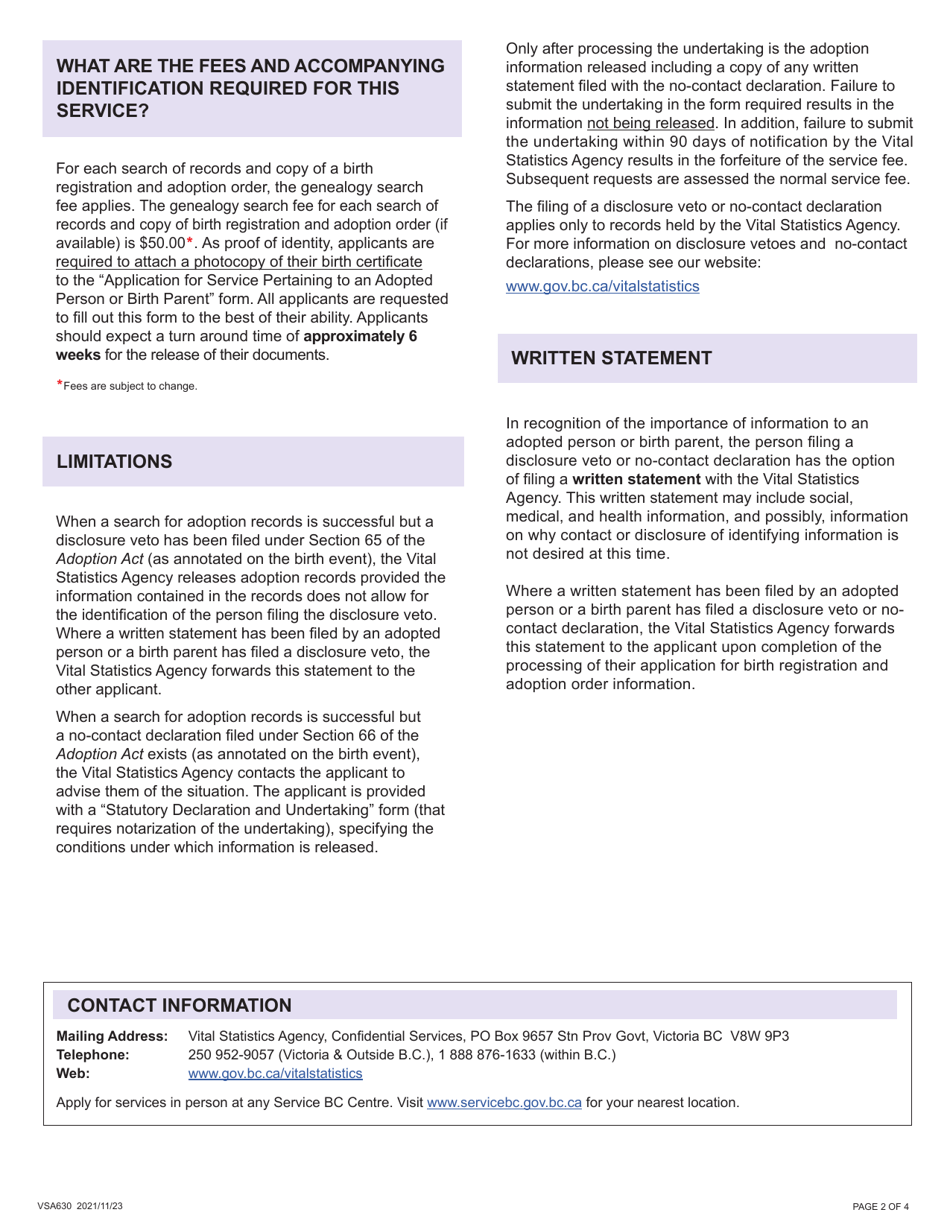 Form VSA630 Application for Service Pertaining to an Adopted Person or Birth Parent - British Columbia, Canada, Page 2