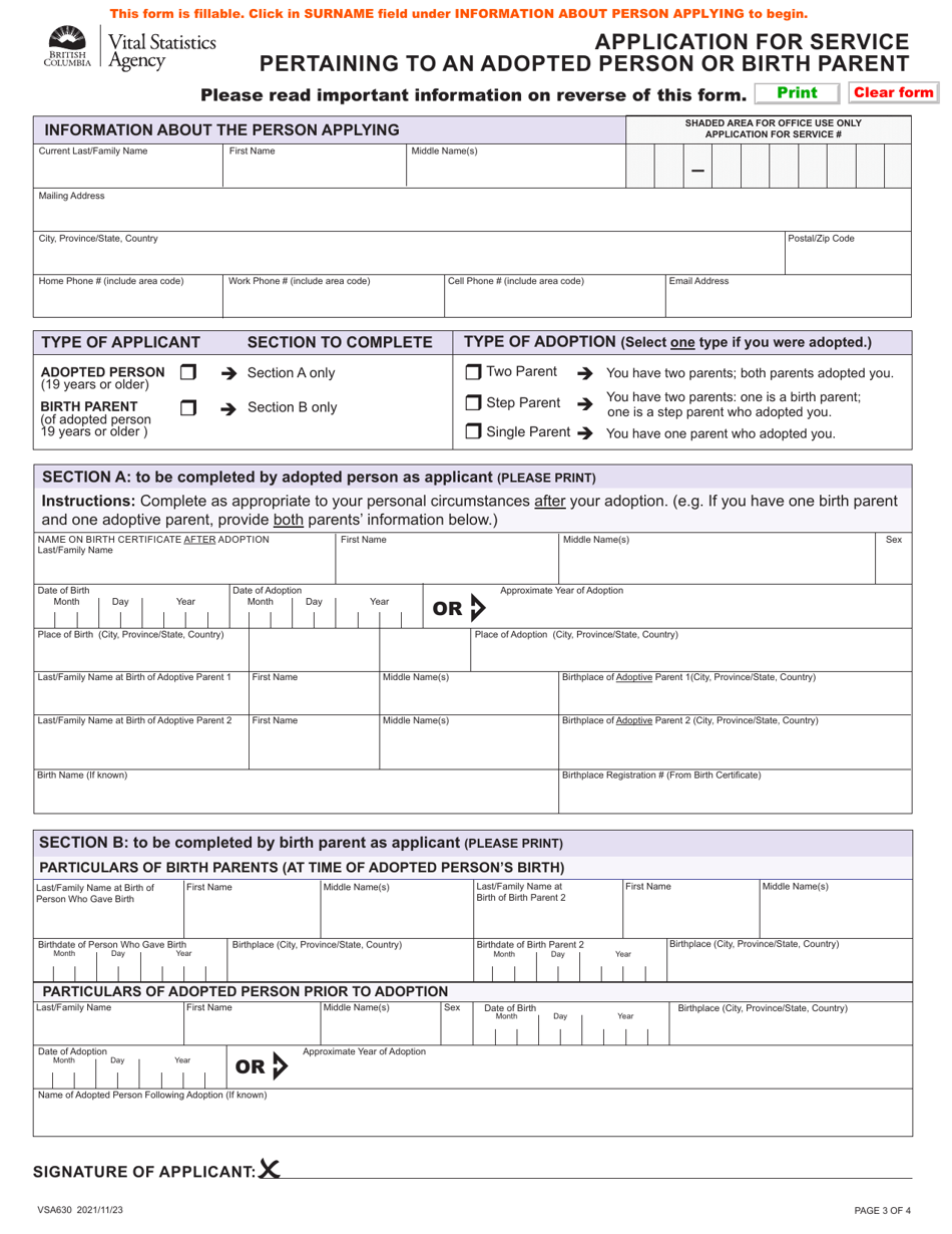 Form VSA630 Application for Service Pertaining to an Adopted Person or Birth Parent - British Columbia, Canada, Page 3