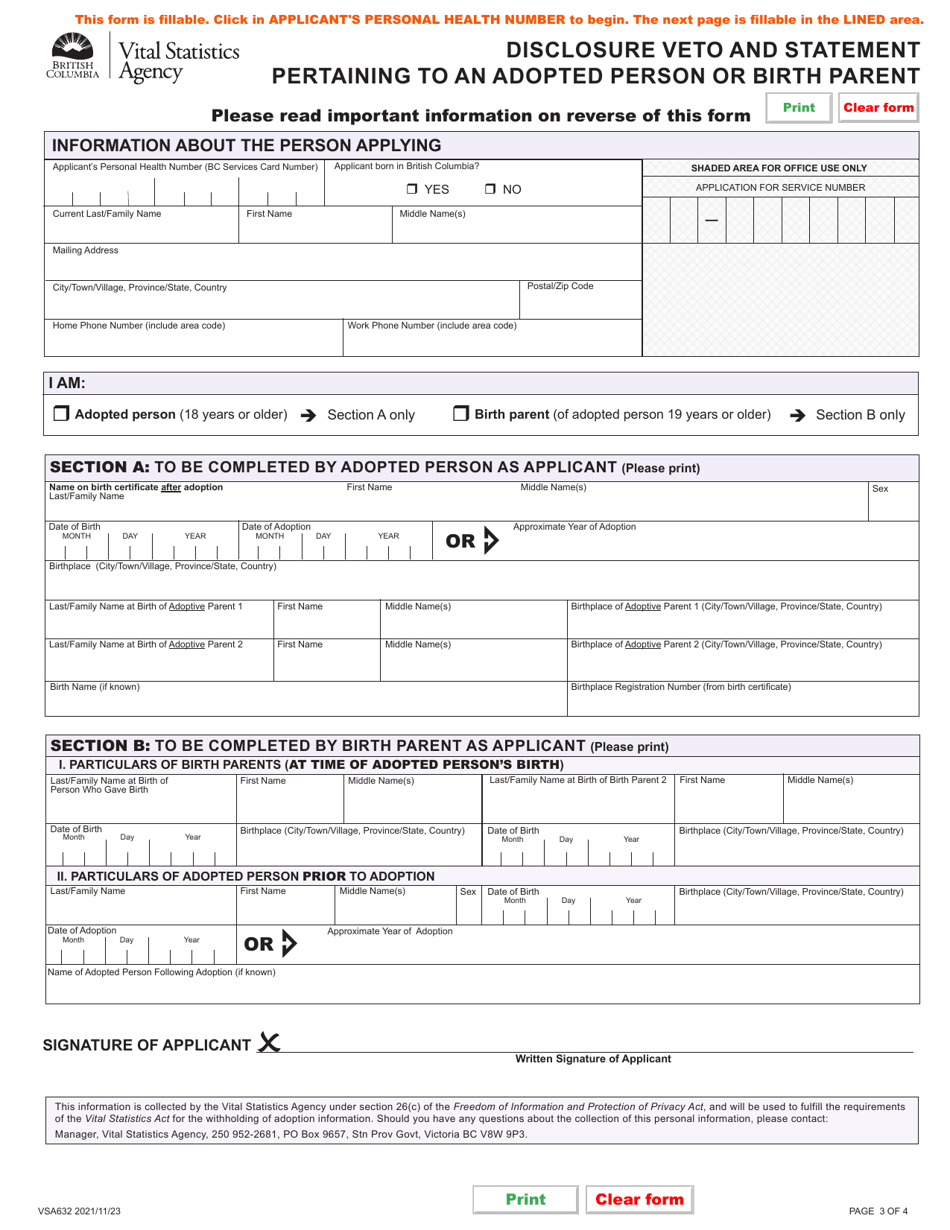 Form VSA632 Disclosure Veto and Statement Pertaining to an Adopted Person or Birth Parent - British Columbia, Canada, Page 3