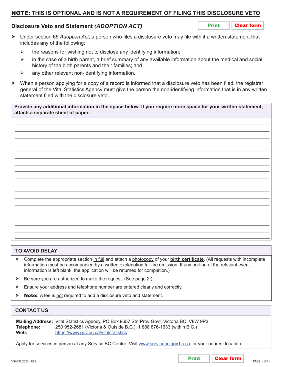 Form VSA632 Disclosure Veto and Statement Pertaining to an Adopted Person or Birth Parent - British Columbia, Canada, Page 4
