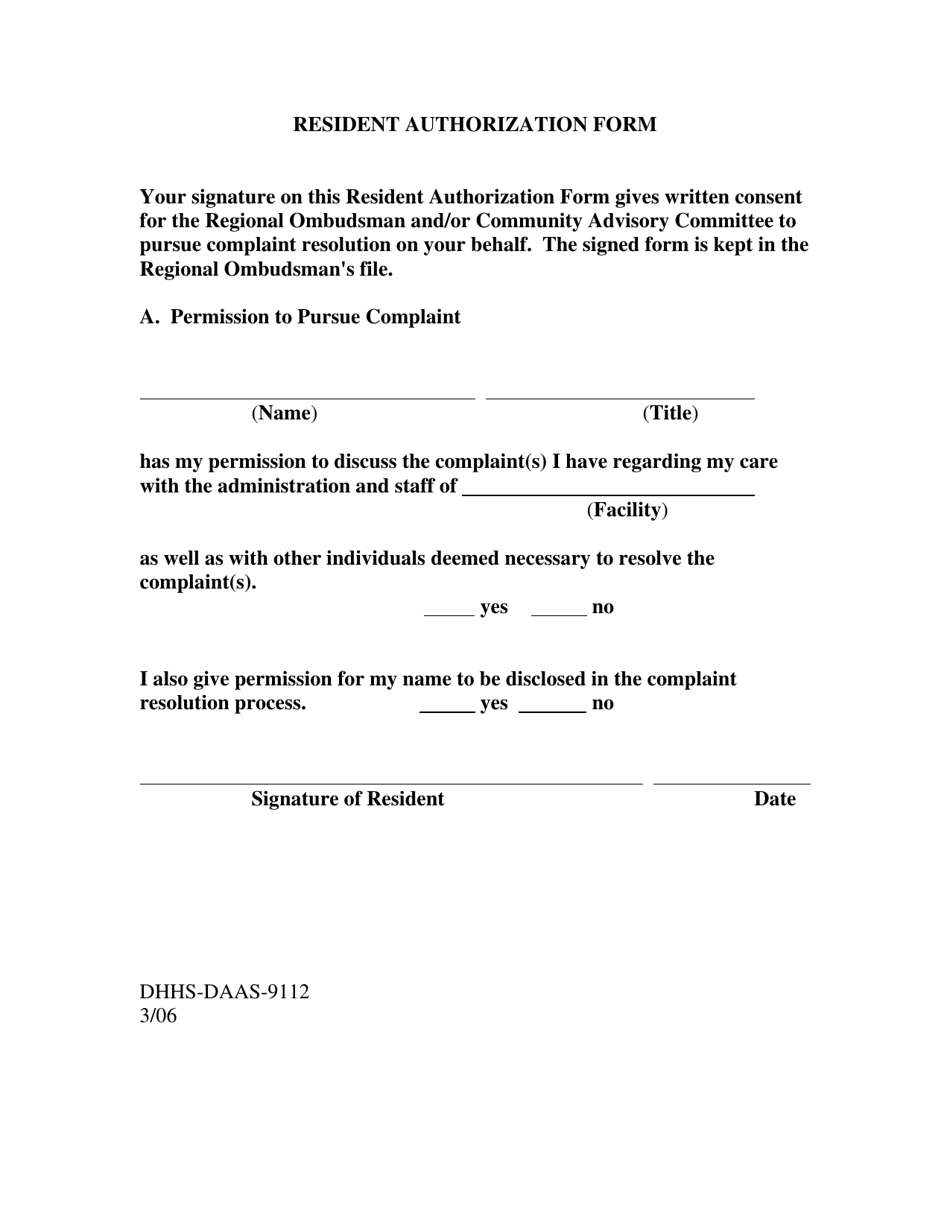 Form DHHS-DAAS-9112 Resident Authorization Form - North Carolina, Page 1